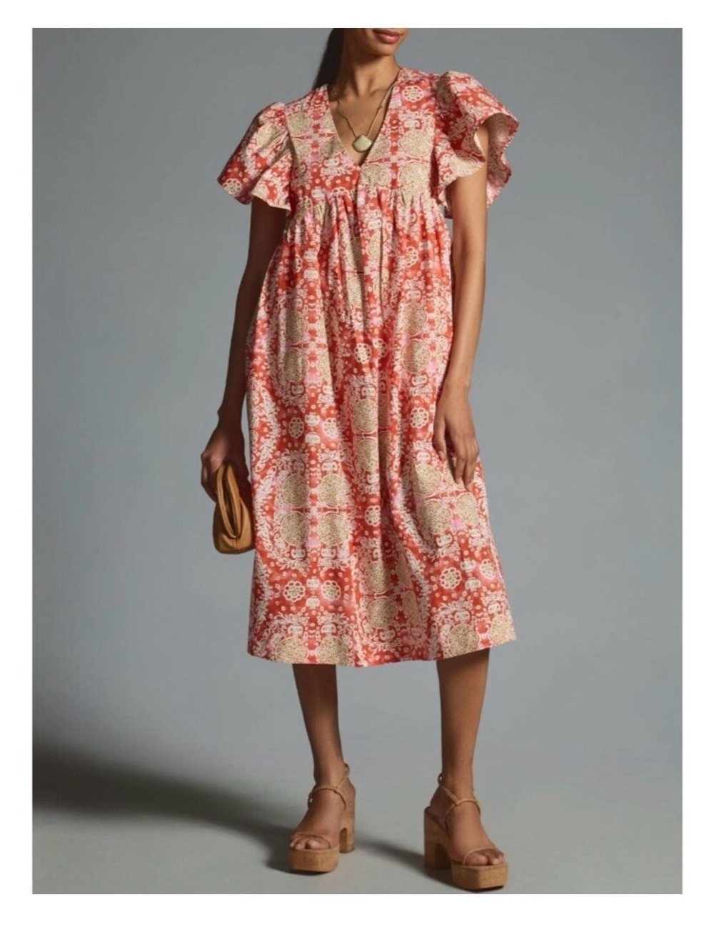 Maeve Coral and Cream Floral Midi Dress